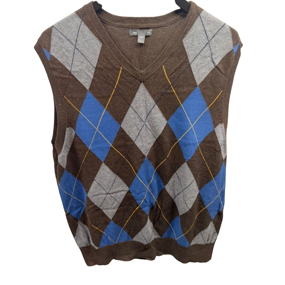 Gap Mens Argyle Sweater Vest Brown Blue V-Neck 100% Cotton Large 670309-01